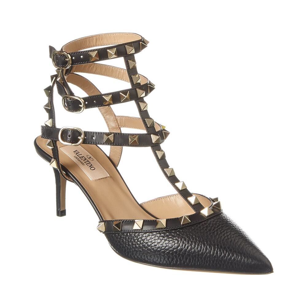 Valentino Garavani Black Leather Rockstud Strappy Pointed-Toe Heels